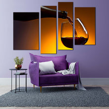 Load image into Gallery viewer, cognac poured canvas wall art red cognac glass 4 piece canvas set luxury black bottle cognac pouring canvas print 
