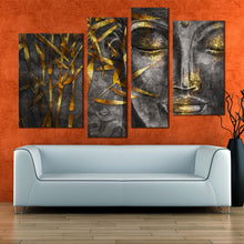 Load image into Gallery viewer, concrete buddha canvas wall art grey 3d buddha 4 piece canvas print gold leaves buddha multiple canvas in living room
