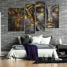 Load image into Gallery viewer, concrete buddha canvas wall art grey 3d buddha 4 piece canvas print gold leaves buddha multiple canvas for bedroom
