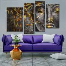 Load image into Gallery viewer, concrete buddha canvas wall art grey 3d buddha 4 piece canvas print gold leaves buddha multiple canvas
