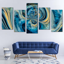 Load image into Gallery viewer, contemporary abstract canvas wall art blue abstract liquid 5 piece multi canvas artistic artwork print yellow abstract dream canvas set In Living Room
