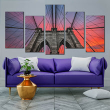 Load image into Gallery viewer, contemporary Brooklyn NYC Bridge Dramatic Sunset 5 piece wall decor In Living Room
