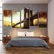 Load image into Gallery viewer, contemporary Brooklyn NYC Bridge Dramatic Sunset 5 piece wall decor In Bedroom
