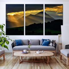 Load image into Gallery viewer, contemporary Decor Of Amazing Mountains Landscape Sunrays Clouds Magical Scenery Sunset 3 panel Landscape wall art In Living Room
