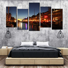 Load image into Gallery viewer, copenhagen harbor at Sunset 5 Piece Canvas Art Print In Bedroom
