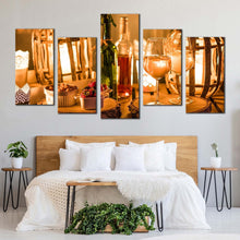 Load image into Gallery viewer, cosy wine canvas print evening wine multiple canvas green wine bottle 5 piece canvas wall art orange wine and candles canvas set For Your Bedroom
