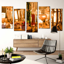 Load image into Gallery viewer, cosy wine canvas print evening wine multiple canvas green wine bottle 5 piece canvas wall art orange wine and candles canvas set In Living Room
