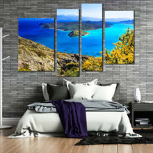 Load image into Gallery viewer, crete ocean canvas wall art greece blue seascape 4 piece multiple canvas green island spinalonga canvas print in bedroom
