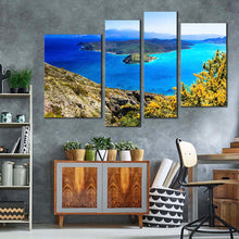 Load image into Gallery viewer, crete ocean canvas wall art greece blue seascape 4 piece multiple canvas green island spinalonga canvas print
