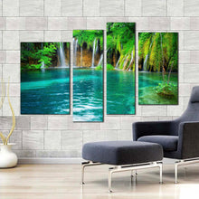 Load image into Gallery viewer, croatia nature canvas wall art national park blue lake waterfall multi canvas green forest waterfall scenery 4 piece canvas print in living room
