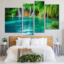 Load image into Gallery viewer, croatia nature canvas wall art national park blue lake waterfall multi canvas green forest waterfall scenery 4 piece canvas print for bedroom
