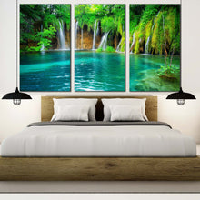 Load image into Gallery viewer, croatia waterfall canvas wall art blue plitvice lakes 3 piece canvas print green nature waterfall scenery canvas set In Bedroom
