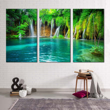 Load image into Gallery viewer, croatia waterfall canvas wall art blue plitvice lakes 3 piece canvas print green nature waterfall scenery canvas set
