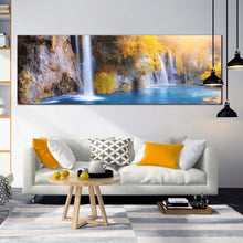 Load image into Gallery viewer, croatia  waterfall  canvas  wall  art  yellow  trees  autumn  waterfall  canvas  print  blue  plitvice  waterfall  1  piece  canvas  artwork In Living Room
