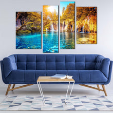 Load image into Gallery viewer, croatia waterfall canvas wall art yellow trees sunset 4 piece canvas lakes national park waterfall canvas print blue water europe nature canvas set in living room
