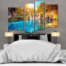 Load image into Gallery viewer, croatia waterfall canvas wall art yellow trees sunset 4 piece canvas lakes national park waterfall canvas print blue water europe nature canvas set for bedroom
