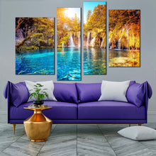 Load image into Gallery viewer, croatia waterfall canvas wall art yellow trees sunset 4 piece canvas lakes national park waterfall canvas print blue water europe nature canvas set
