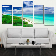 Load image into Gallery viewer, cuba beach canvas wall art blue cloudy ocean multi canvas green santa maria island sea 5 piece canvas print For Living Room
