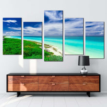 Load image into Gallery viewer, cuba beach canvas wall art blue cloudy ocean multi canvas green santa maria island sea 5 piece canvas print
