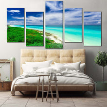 Load image into Gallery viewer, cuba beach canvas wall art blue cloudy ocean multi canvas green santa maria island sea 5 piece canvas print For Bedroom
