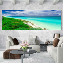 Load image into Gallery viewer, cuba  ocean  canvas  wall  art  green  santa  maria  island  panoramic  canvas  print  blue  cloudy  sky  ocean  wide  canvas In Living Room
