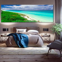 Load image into Gallery viewer, cuba  ocean  canvas  wall  art  green  santa  maria  island  panoramic  canvas  print  blue  cloudy  sky  ocean  wide  canvas In Bedroom
