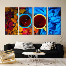 Load image into Gallery viewer, cup leaves canvas wall art tea from above 4 piece canvas print blue yellow mugs multiple canvas For Your Living Room
