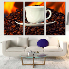 Load image into Gallery viewer, cup saucer canvas wall art brown coffee beans 3 piece multi canvas white coffee cup canvas print In Living Room
