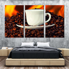 Load image into Gallery viewer, cup saucer canvas wall art brown coffee beans 3 piece multi canvas white coffee cup canvas print  For Bedroom
