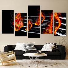 Load image into Gallery viewer, curved music canvas wall art isolated music notes 5 piece multi canvas red burning music canvas print black modern abstract music canvas set In Living Room
