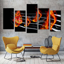 Load image into Gallery viewer, curved music canvas wall art isolated music notes 5 piece multi canvas red burning music canvas print black modern abstract music canvas set For Living Room
