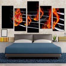 Load image into Gallery viewer, curved music canvas wall art isolated music notes 5 piece multi canvas red burning music canvas print black modern abstract music canvas set For Bedroom
