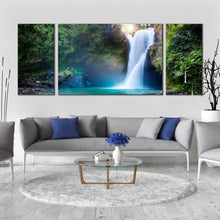 Load image into Gallery viewer, deep  forest  canvas  wall  art  beautiful  green  nature  water  scene  canvas  print  white  waterfall  paradise  3  piece  multi  canvas  artwork In Living Room
