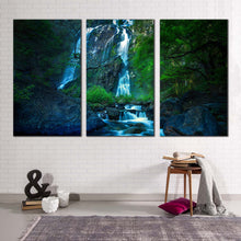 Load image into Gallery viewer, deep forest canvas wall art khlong lan national park canvas print blue khlong lan waterfall canvas set thailand green jungle waterfall 3 piece canvas
