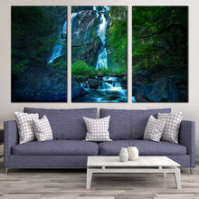 Load image into Gallery viewer, deep forest canvas wall art khlong lan national park canvas print blue khlong lan waterfall canvas set thailand green jungle waterfall 3 piece canvas In Living Room
