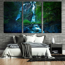 Load image into Gallery viewer, deep forest canvas wall art khlong lan national park canvas print blue khlong lan waterfall canvas set thailand green jungle waterfall 3 piece canvas For Bedroom
