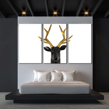 Load image into Gallery viewer, deer horns canvas print black deer head 3 piece canvas wall art white background deer multi canvas In Bedroom
