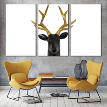 Load image into Gallery viewer, deer horns canvas print black deer head 3 piece canvas wall art white background deer multi canvas In Living Room
