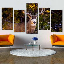 Load image into Gallery viewer, deer nature canvas print mule deer green scenery 5 piece canvas wall art brown deer wildlife multiple canvas In Living Room
