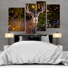 Load image into Gallery viewer, deer scenery canvas wall art brown mule deer staring 4 piece canvas print deer green nature canvas set for your bedroom
