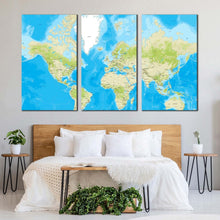 Load image into Gallery viewer, detailed map canvas print abstract flat world canvas multiple canvas blue green world map 3 piece canvas wall art In Living Room
