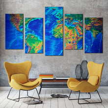 Load image into Gallery viewer, detailed map canvas print abstract flat world canvas set blue green world map 5 piece canvas wall art In Living Room
