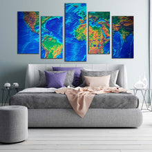 Load image into Gallery viewer, detailed map canvas print abstract flat world canvas set blue green world map 5 piece canvas wall art For Bedroom
