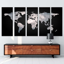 Load image into Gallery viewer, detailed map canvas wall art black globe abstract world map canvas set grey flat world 5 piece canvas print
