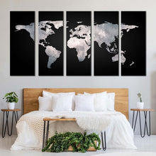 Load image into Gallery viewer, detailed map canvas wall art black globe abstract world map canvas set grey flat world 5 piece canvas print In  Bedroom
