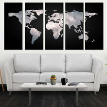 Load image into Gallery viewer, detailed map canvas wall art black globe abstract world map canvas set grey flat world 5 piece canvas print For Living Room
