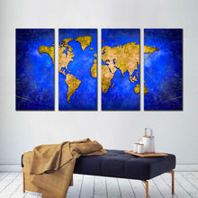 Load image into Gallery viewer, detailed map canvas wall art blue globe abstract world map 4 piece canvas set yellow flat world canvas print For Living Room
