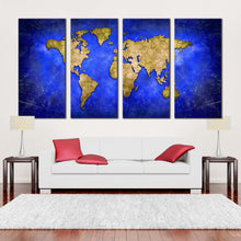 Load image into Gallery viewer, detailed map canvas wall art blue globe abstract world map 4 piece canvas set yellow flat world canvas print In Your Living room
