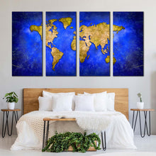 Load image into Gallery viewer, detailed map canvas wall art blue globe abstract world map 4 piece canvas set yellow flat world canvas print For Bedroom
