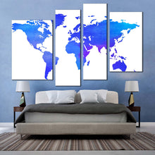 Load image into Gallery viewer, detailed map canvas wall art blue purple world map digital canvas art abstract world 4 piece multi canvas in bedroom
